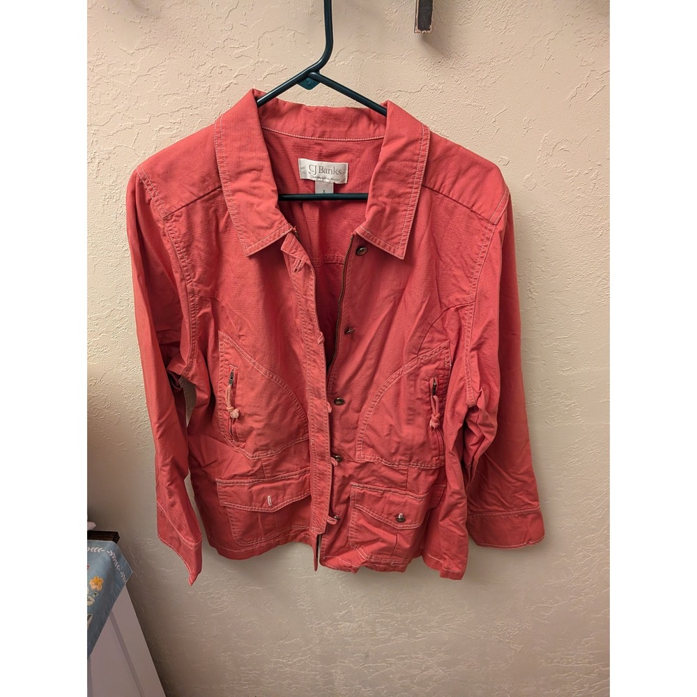 CJ Banks Coral Pink Utility Field Jacket Womens XL Zip Front Cotton Canvas Coat